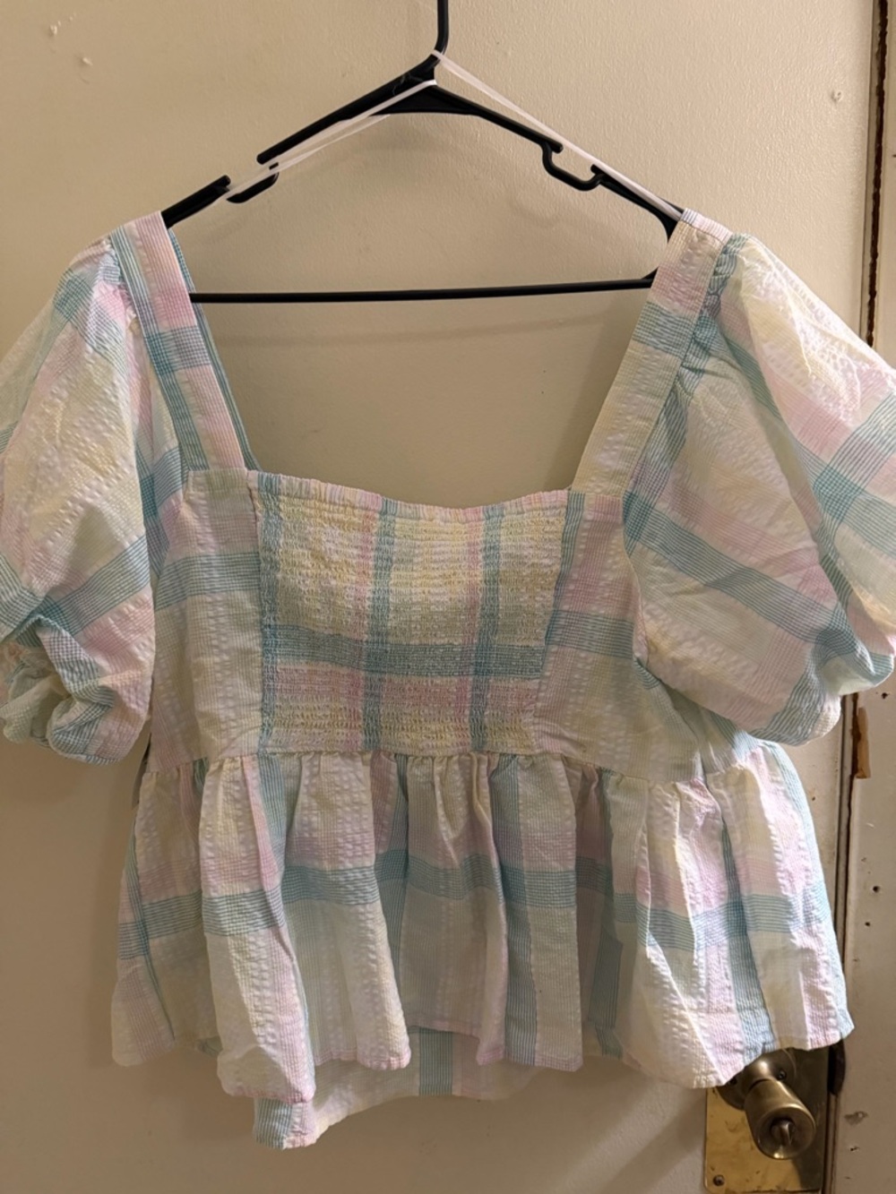 Old Navy Pastel Plaid Peplum Top - Light Blue, Pink & Cream - Picture 2 of 3